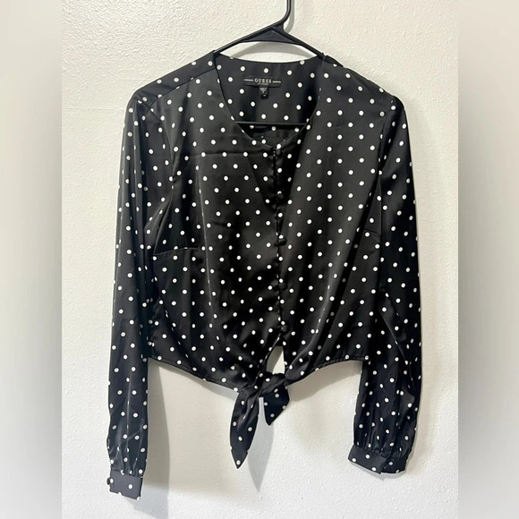 Guess Polka Dotted Cropped Tie Front Blouse - Small - Picture 3 of 6